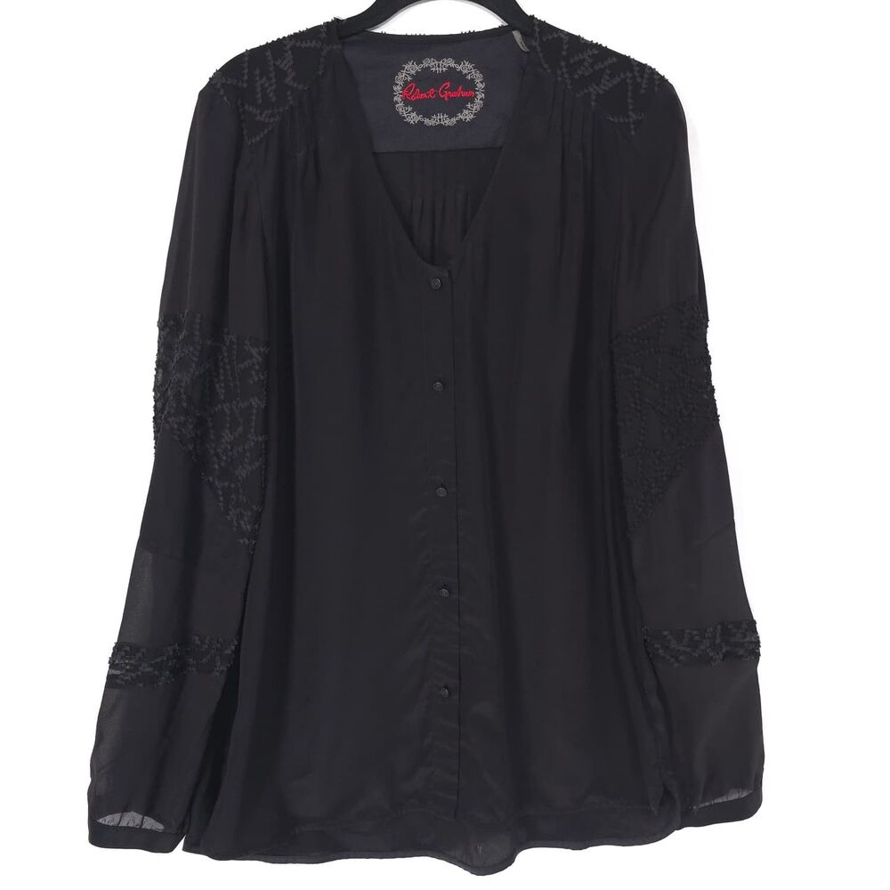 ROBERT GRAHAM Women’s Button Front Top Blouse Black MEDIUM Boho 100% Silk Shirt